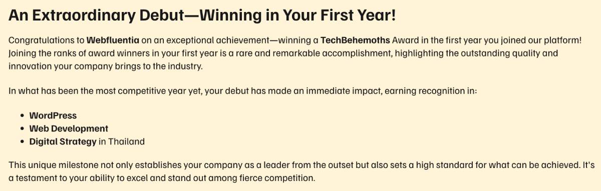 TechBehemoths Awards 2024 highlight Webfluentia's exceptional digital services